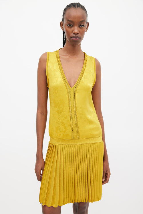 Roberto Cavalli Yellow Jacquared Pleated Drop Waist Dress