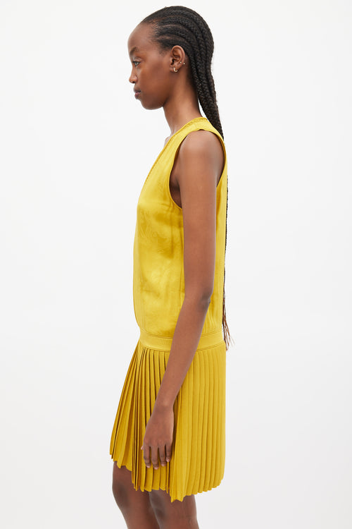 Roberto Cavalli Yellow Jacquared Pleated Drop Waist Dress