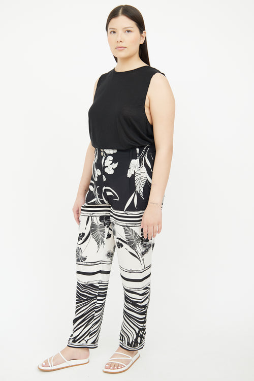 Roberto Cavalli Black 
White Pleated Silk Pant