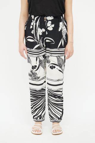 Roberto Cavalli Black 
White Pleated Silk Pant