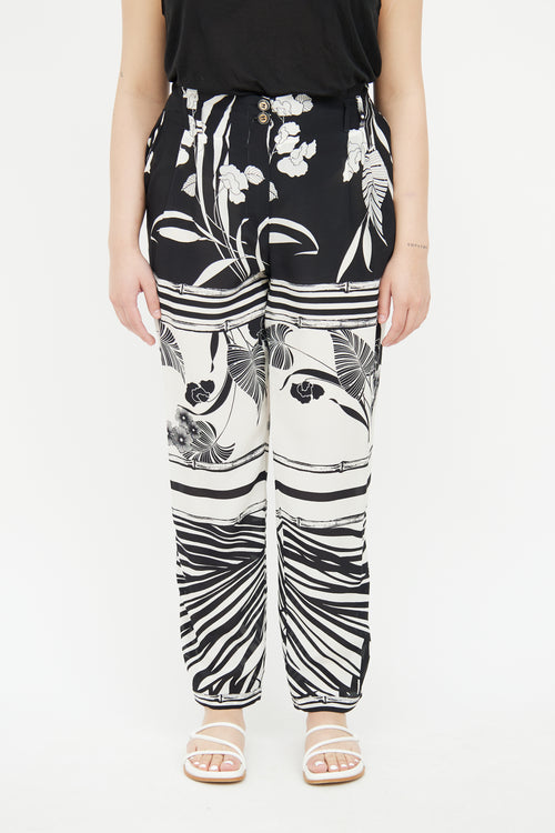 Roberto Cavalli Black 
White Pleated Silk Pant