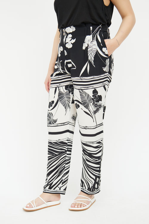 Roberto Cavalli Black 
White Pleated Silk Pant