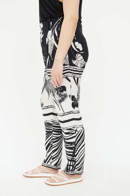 Roberto Cavalli Black 
White Pleated Silk Pant