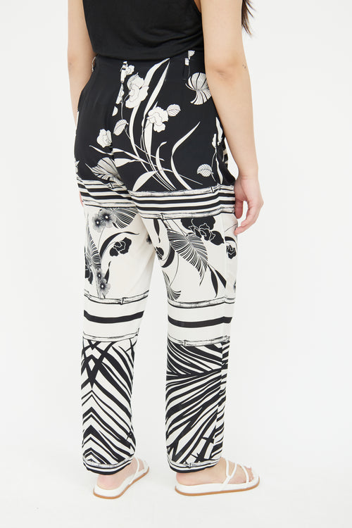 Roberto Cavalli Black 
White Pleated Silk Pant