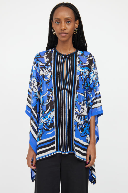 Roberto Cavalli Blue 
Multicolour Silk Embroidered Top