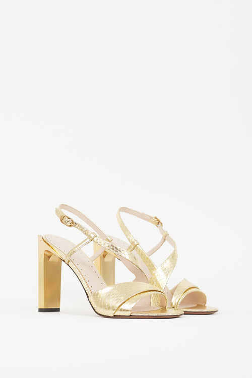 Roberto Cavalli Gold Embossed Leather Strappy Heel