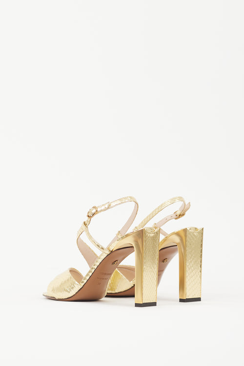 Roberto Cavalli Gold Embossed Leather Strappy Heel