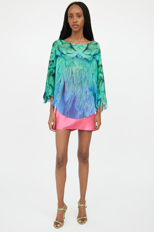 Roberto Cavalli Green 
Blue Silk Gradient Feather Top