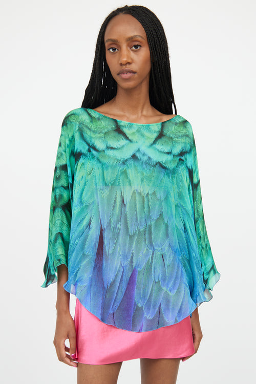 Roberto Cavalli Green 
Blue Silk Gradient Feather Top