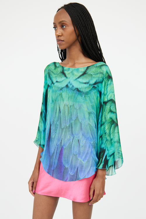 Roberto Cavalli Green 
Blue Silk Gradient Feather Top