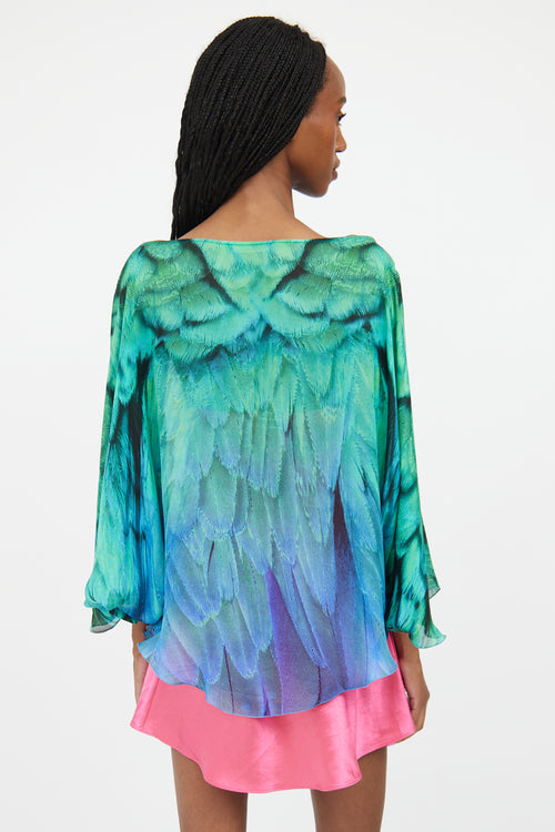 Roberto Cavalli Green 
Blue Silk Gradient Feather Top