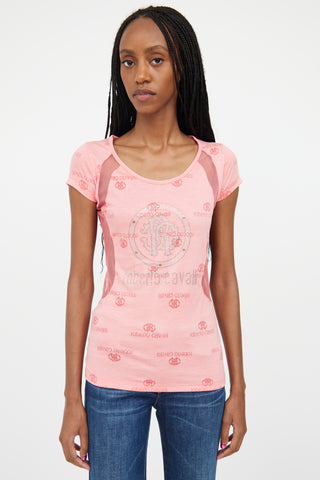 Roberto Cavalli Pink 
Silver Rhinestone Mesh Logo Top