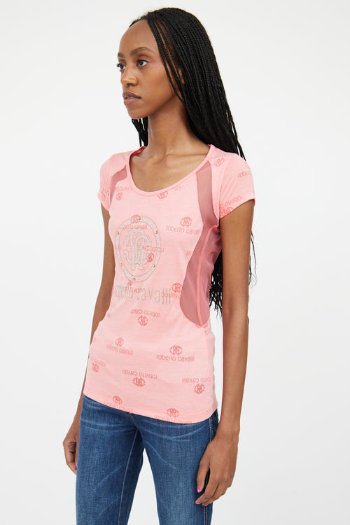 Roberto Cavalli Pink 
Silver Rhinestone Mesh Logo Top