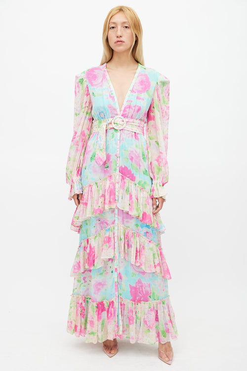 Rocco Sand Blue 
Multicolour Floral Belted Dress