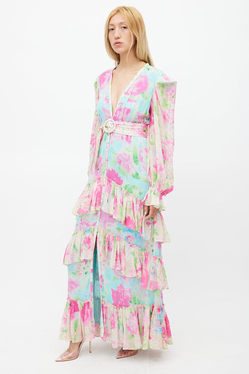 Rocco Sand Blue 
Multicolour Floral Belted Dress