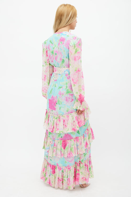 Rocco Sand Blue 
Multicolour Floral Belted Dress