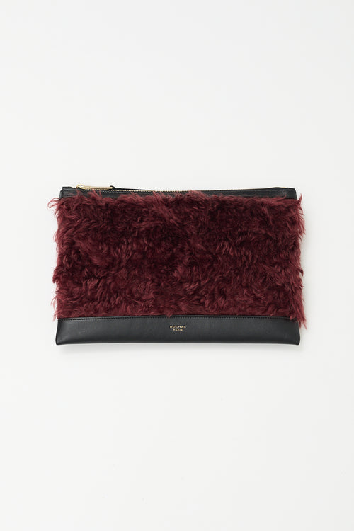 Rochas Black Leather 
Burgundy Faux Fur Zip Pouch