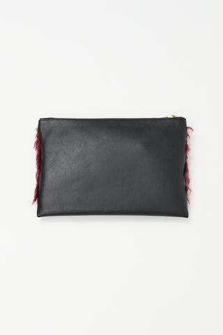 Rochas Black Leather 
Burgundy Faux Fur Zip Pouch