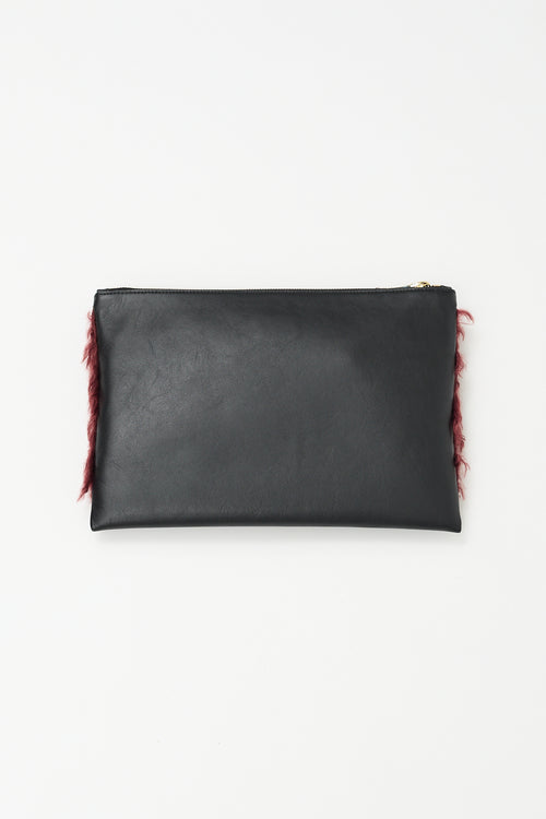 Rochas Black Leather 
Burgundy Faux Fur Zip Pouch