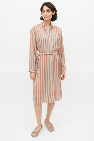 Rochas Brown 
White Stripe Belted Shirt Dress