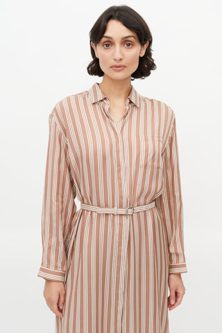 Rochas Brown 
White Stripe Belted Shirt Dress