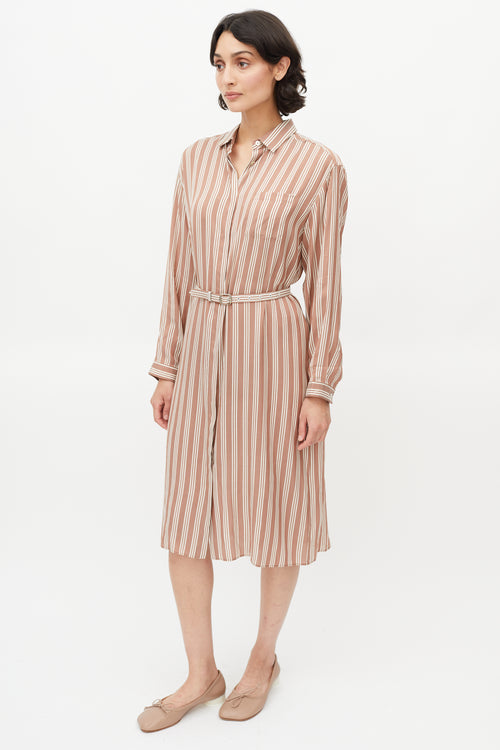 Rochas Brown 
White Stripe Belted Shirt Dress