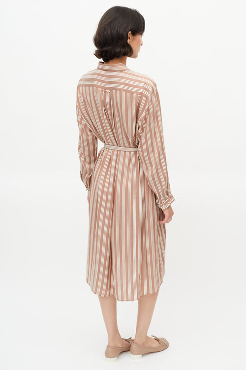 Rochas Brown 
White Stripe Belted Shirt Dress