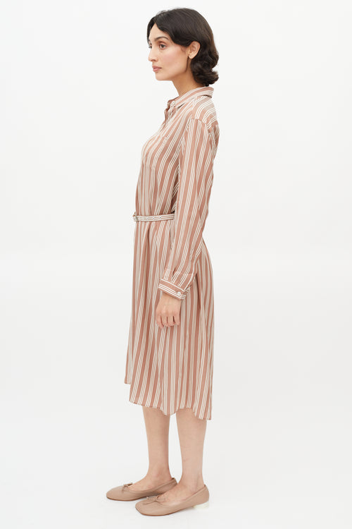 Rochas Brown 
White Stripe Belted Shirt Dress