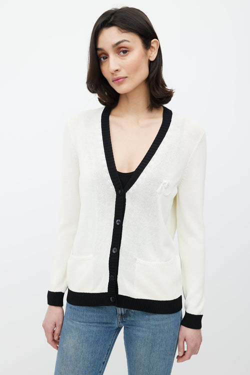 Rochas Cream 
Black Patch Logo Cardigan