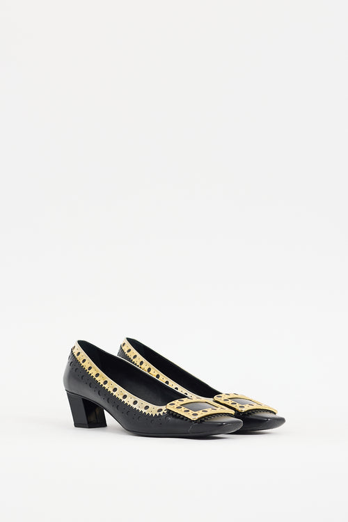 Roger Vivier Black 
Gold Laser Cut Leather Belle Vivier Pump