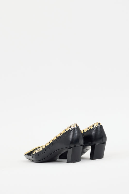 Roger Vivier Black 
Gold Laser Cut Leather Belle Vivier Pump