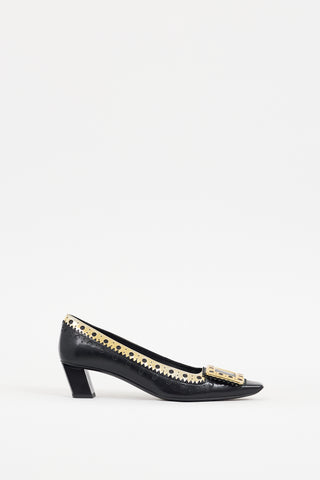 Roger Vivier Black 
Gold Laser Cut Leather Belle Vivier Pump