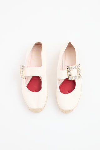 Roger Vivier Cream Leather Babies Crystal Espadrille Flat