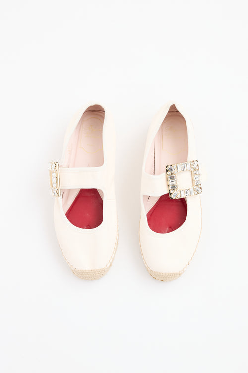 Roger Vivier Cream Leather Babies Crystal Espadrille Flat