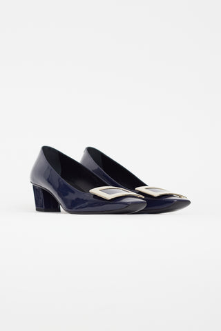 Roger Vivier Navy 
Gold Belle Vivier Patent Leather Pump