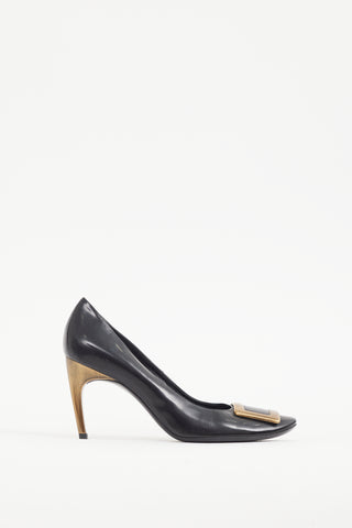 Roger Vivier Black 
Gold Buckle Leather Trompette Pump