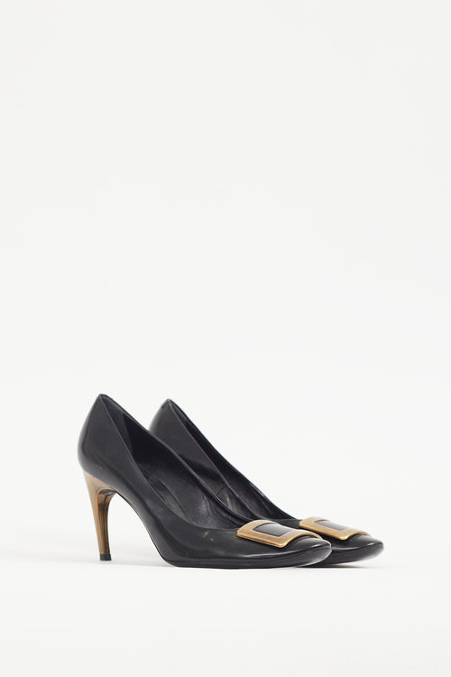 Roger Vivier Black 
Gold Buckle Leather Trompette Pump