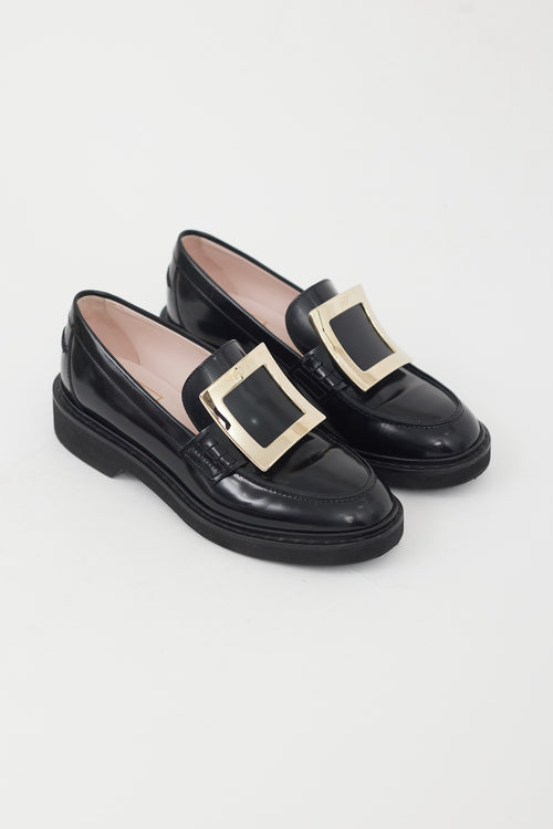 Roger Vivier Black Patent Leather Gold Buckle Loafer