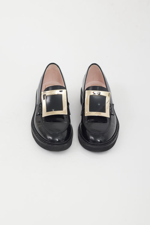 Roger Vivier Black Patent Leather Gold Buckle Loafer