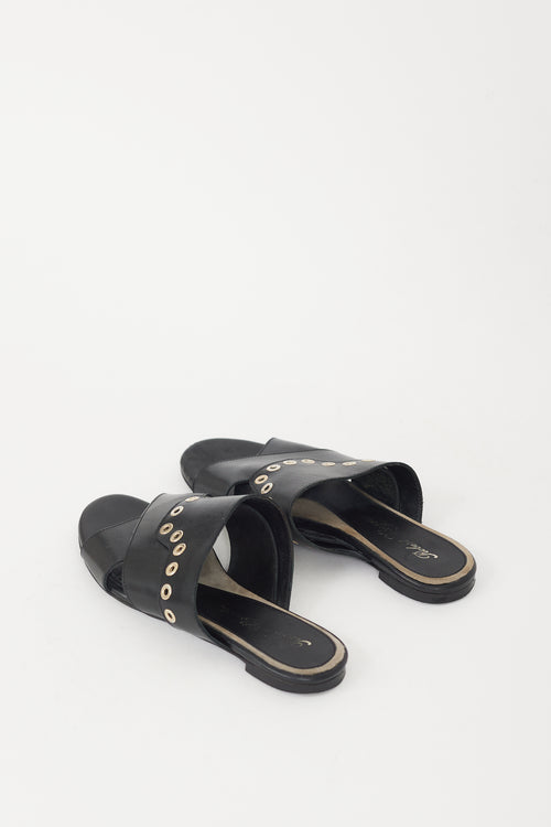 Roger Vivier Black 
Silver Grommet Leather Sandal