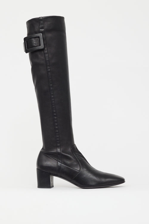 Roger Vivier Black Leather Knee High Buckle Boot