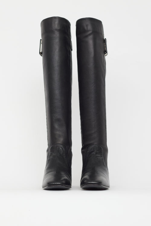 Roger Vivier Black Leather Knee High Buckle Boot