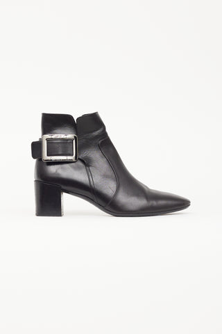 Roger Vivier Black Leather 
Silver Buckle Ankle Boot