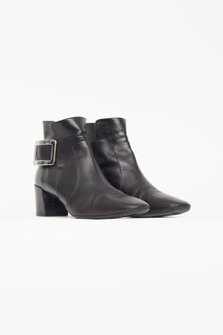 Roger Vivier Black Leather 
Silver Buckle Ankle Boot