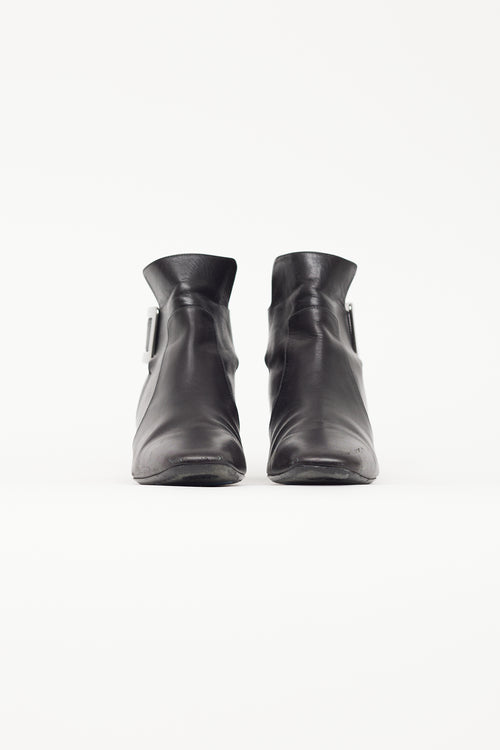 Roger Vivier Black Leather 
Silver Buckle Ankle Boot