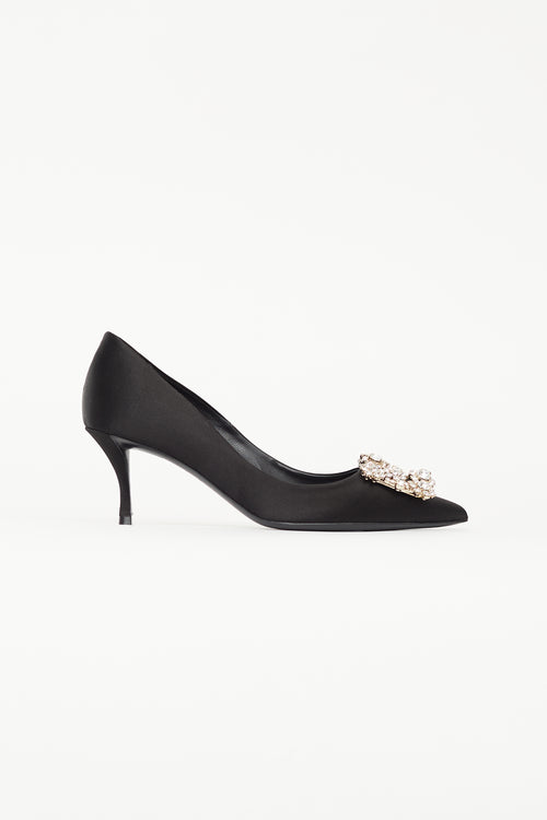 Roger Vivier Black Satin Flower Strass Buckle Pump