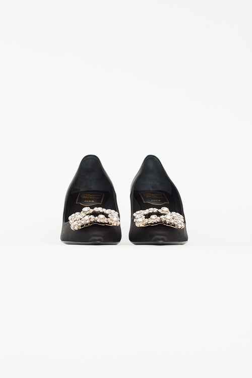 Roger Vivier Black Satin Flower Strass Buckle Pump