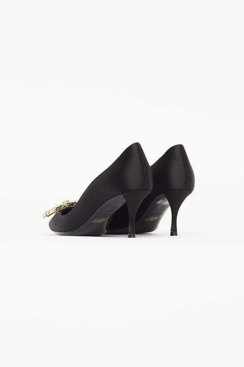 Roger Vivier Black Satin Flower Strass Buckle Pump