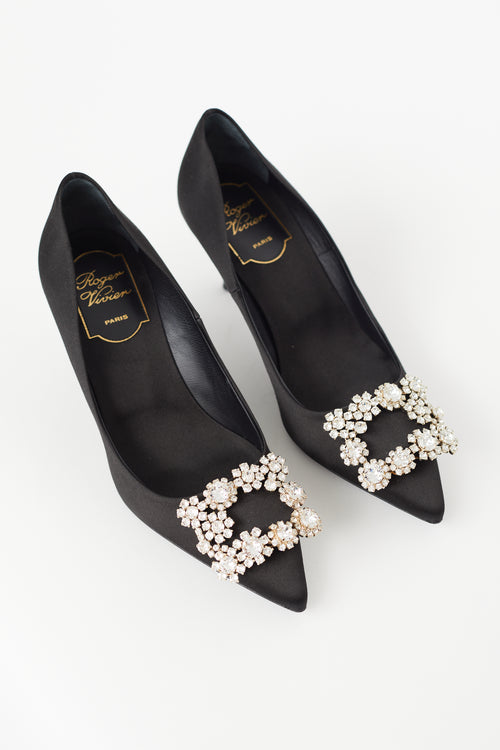 Roger Vivier Black Satin Flower Strass Buckle Pump