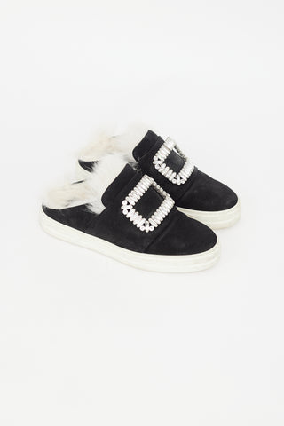 Roger Vivier Black Suede 
Shearling Buckle Sneaker Mule